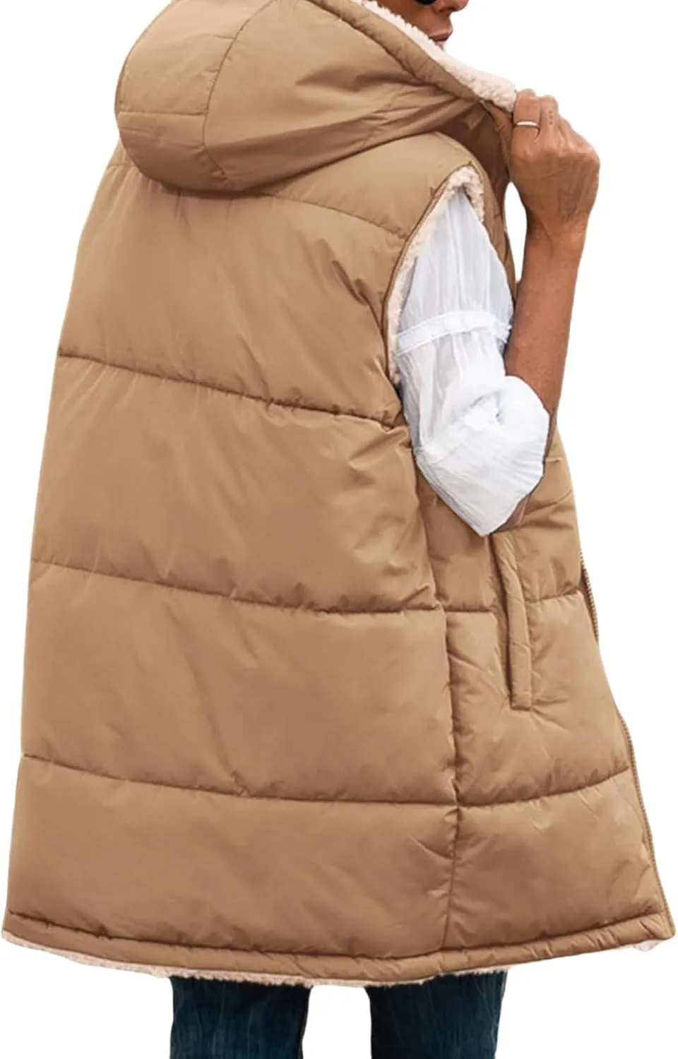 Canbebig Puffer Jacket Womens Long Reversible Down Coat Casual Quilted Jacket Zip Up Puffer Vest Hooded Outwear with Pockets