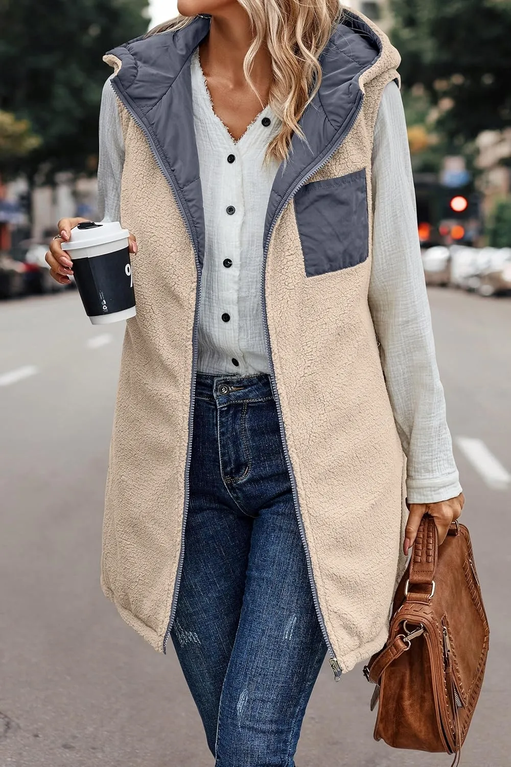 Canbebig Puffer Jacket Womens Long Reversible Down Coat Casual Quilted Jacket Zip Up Puffer Vest Hooded Outwear with Pockets