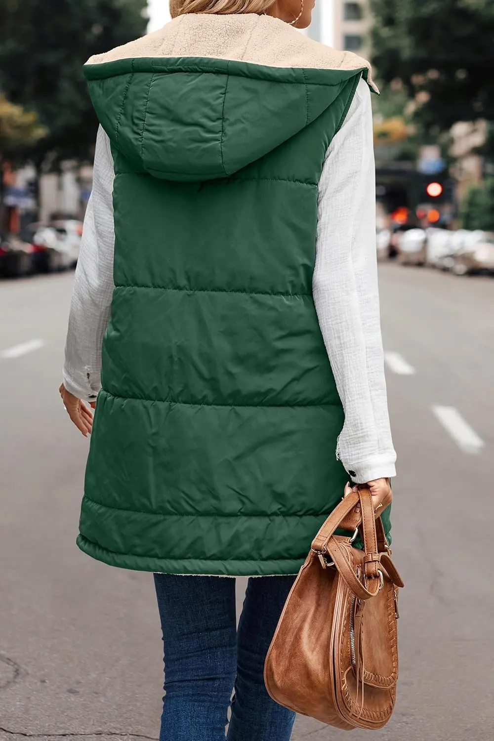 Canbebig Puffer Jacket Womens Long Reversible Down Coat Casual Quilted Jacket Zip Up Puffer Vest Hooded Outwear with Pockets