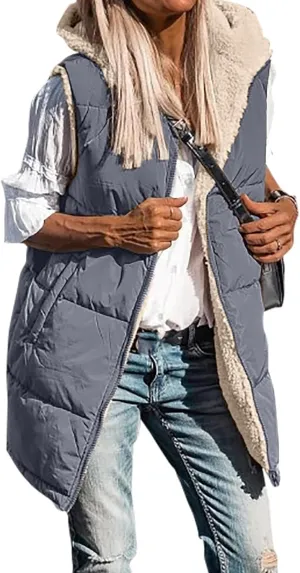 Canbebig Puffer Jacket Womens Long Reversible Down Coat Casual Quilted Jacket Zip Up Puffer Vest Hooded Outwear with Pockets