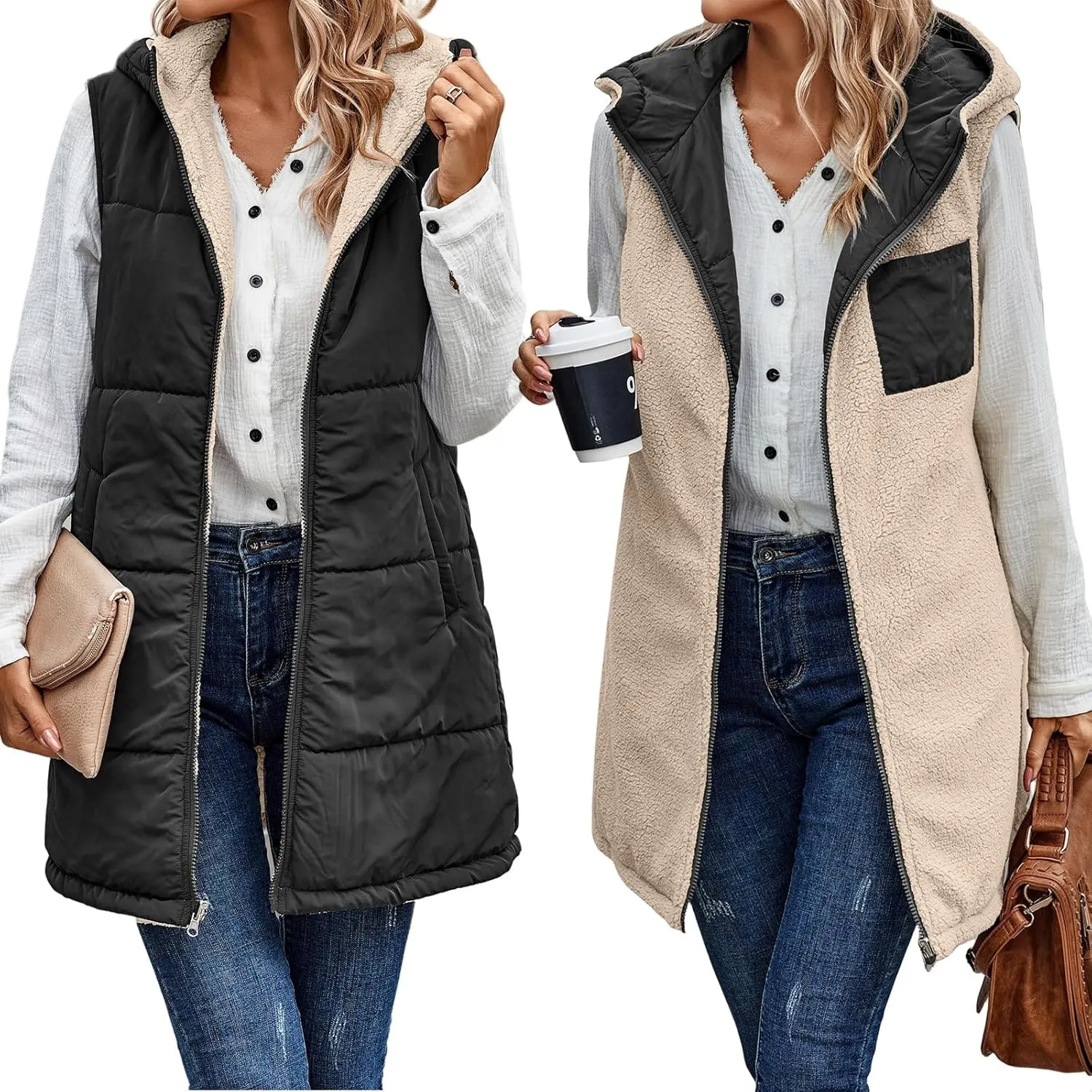 Canbebig Puffer Jacket Womens Long Reversible Down Coat Casual Quilted Jacket Zip Up Puffer Vest Hooded Outwear with Pockets