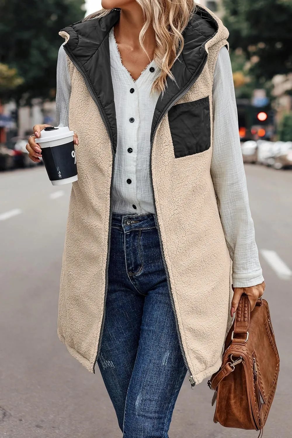 Canbebig Puffer Jacket Womens Long Reversible Down Coat Casual Quilted Jacket Zip Up Puffer Vest Hooded Outwear with Pockets