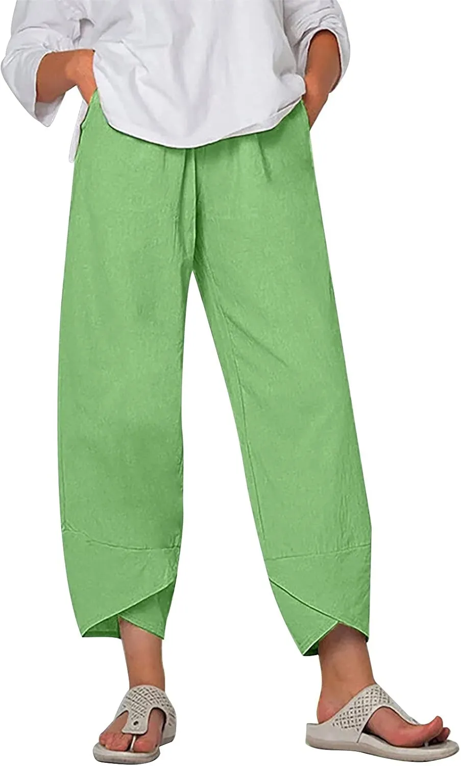 Capri Pants for Women Casual Summer Cotton Linen Pants Loose Elastic Waist Capris Trousers Wide Leg Cropped Pants