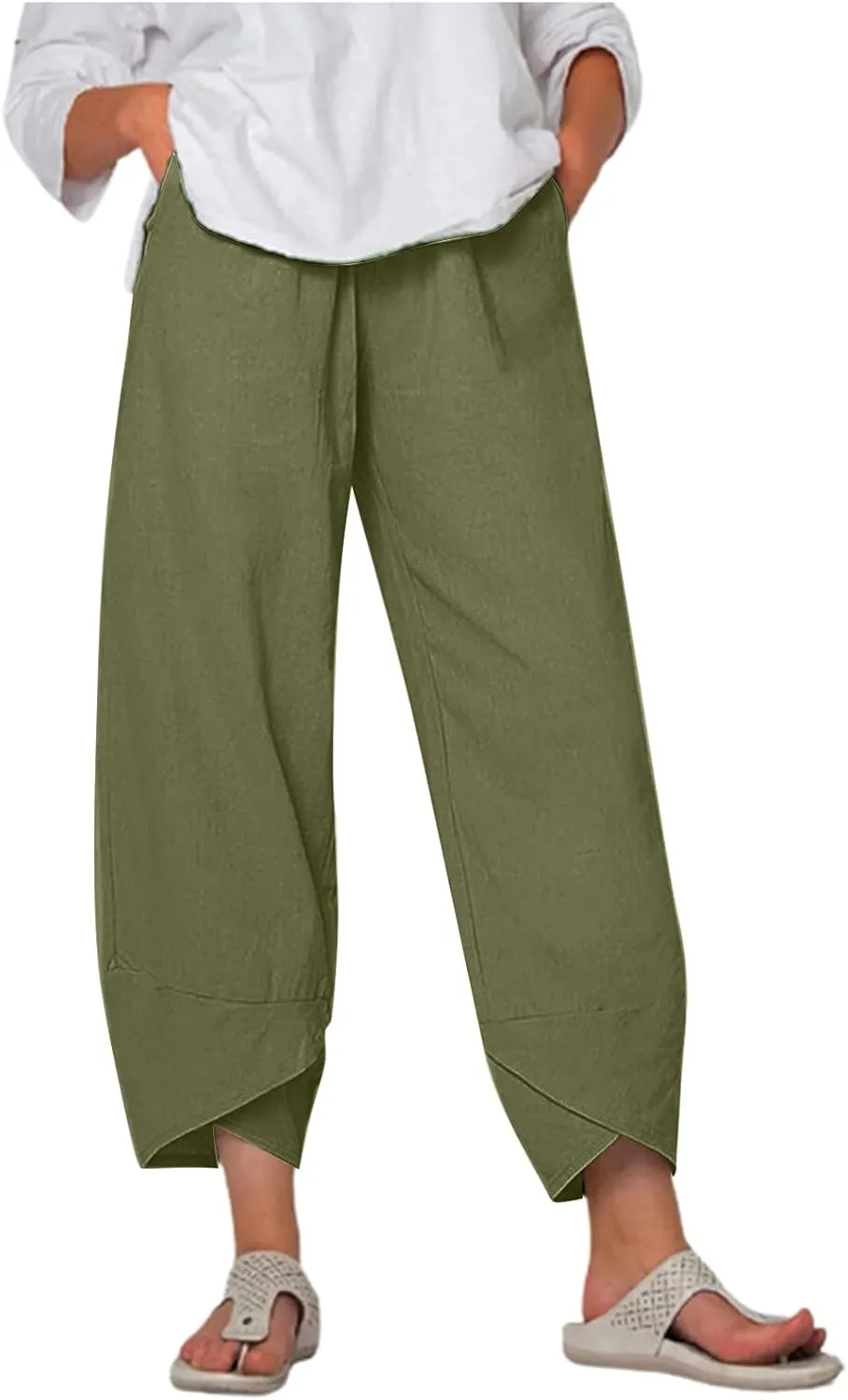 Capri Pants for Women Casual Summer Cotton Linen Pants Loose Elastic Waist Capris Trousers Wide Leg Cropped Pants