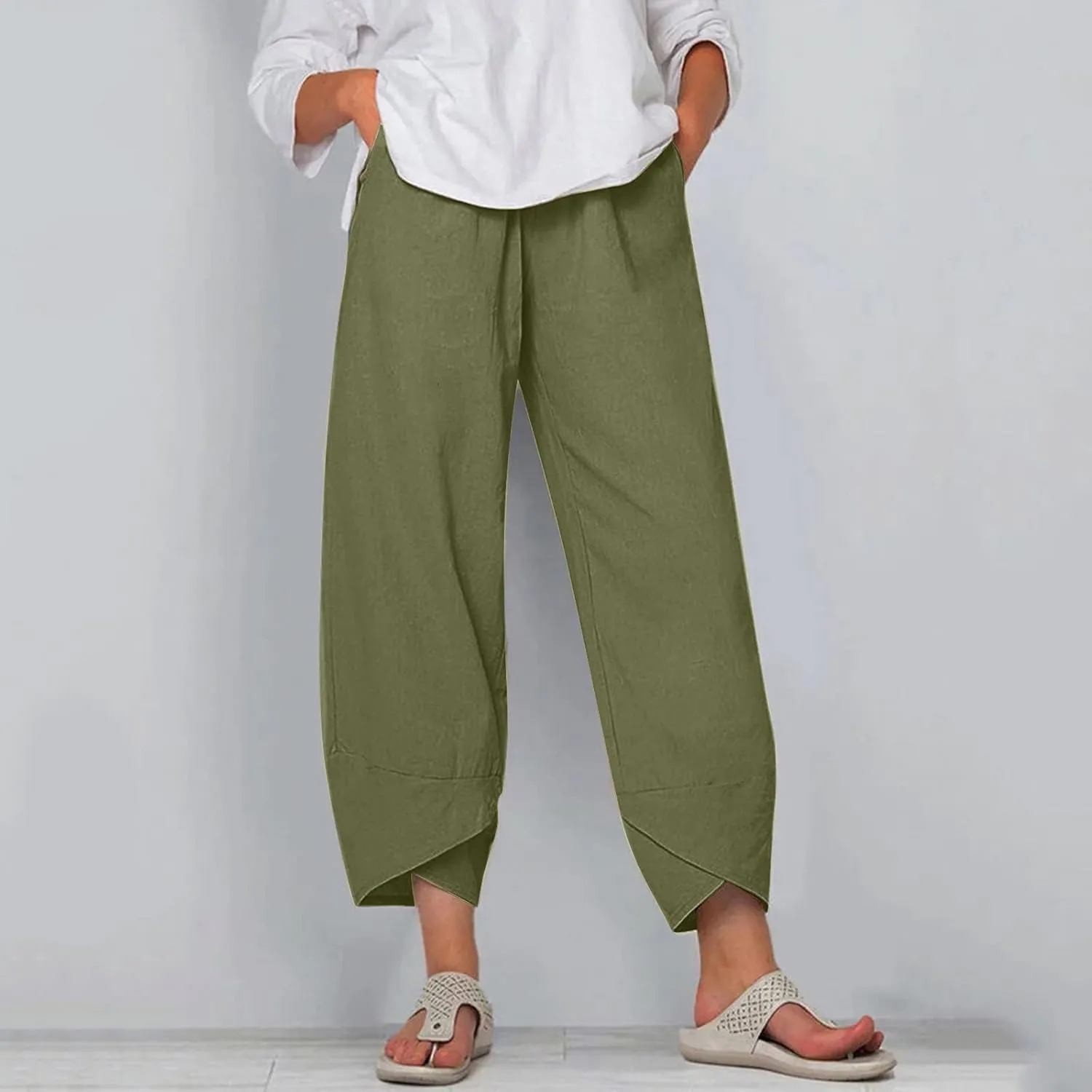 Capri Pants for Women Casual Summer Cotton Linen Pants Loose Elastic Waist Capris Trousers Wide Leg Cropped Pants
