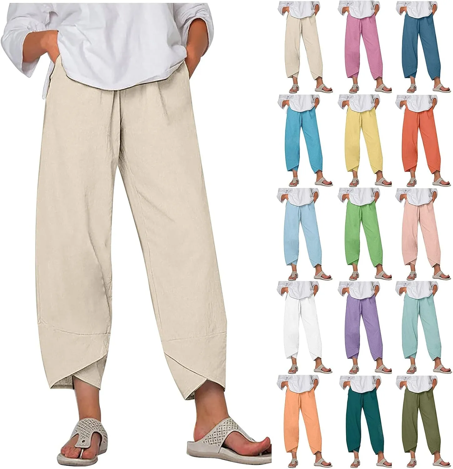 Capri Pants for Women Casual Summer Cotton Linen Pants Loose Elastic Waist Capris Trousers Wide Leg Cropped Pants