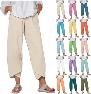 Capri Pants for Women Casual Summer Cotton Linen Pants Loose Elastic Waist Capris Trousers Wide Leg Cropped Pants