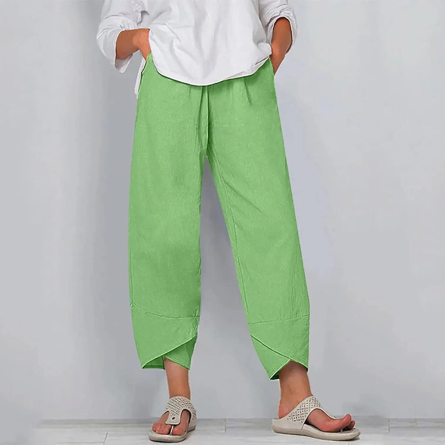 Capri Pants for Women Casual Summer Cotton Linen Pants Loose Elastic Waist Capris Trousers Wide Leg Cropped Pants