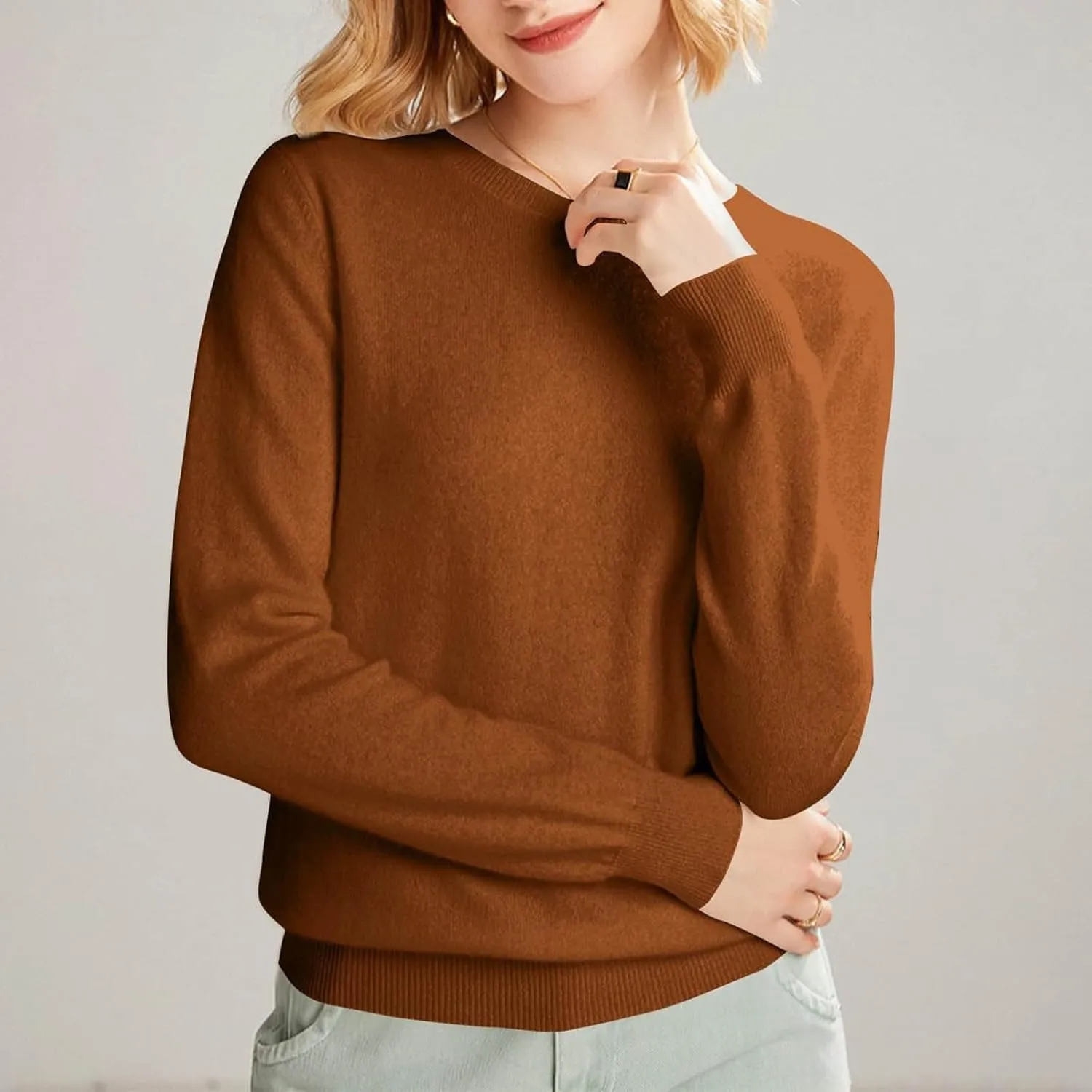 Cashmere Sweaters for Women, Crew Neck Long Sleeve Soft Warm Trendy Pullover Tops Lightweight Wool Cozy Knit Sweater