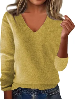 Cashmere Sweaters for Women Long Sleeve V Neck Pullover Sweater Fall Soft Warm Cozy Lightweight Wool Knit Sweater Sweater for Women