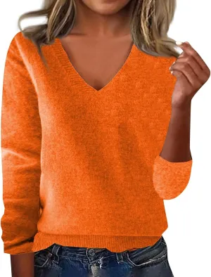 Cashmere Sweaters for Women Long Sleeve V Neck Pullover Sweater Fall Soft Warm Cozy Lightweight Wool Knit Sweater Sweaters for Women