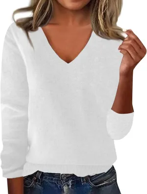 Cashmere Sweaters for Women Long Sleeve V Neck Pullover Sweater Fall Soft Warm Cozy Lightweight Wool Knit Sweater Women Sweater