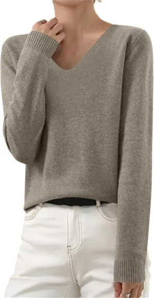 Cashmere Sweaters for Women Long Sleeve V Neck Pullover Sweater Soft Warm Cozy Lightweight Wool Knit Jumpers Sweater Gray Sweater for Women Navy Blue Sweater Women