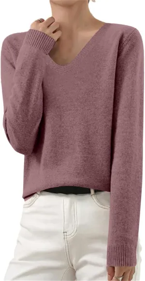 Cashmere Sweaters for Women V Neck Lightweight Knit Long Sleeve Shirts Soft Warm Pullover Tops Fuzzy Wool Sweaters