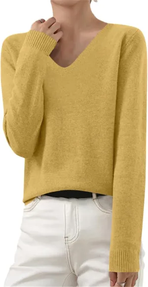Cashmere Sweaters for Women V Neck Lightweight Knit Long Sleeve Shirts Soft Warm Pullover Tops Fuzzy Wool Sweaters