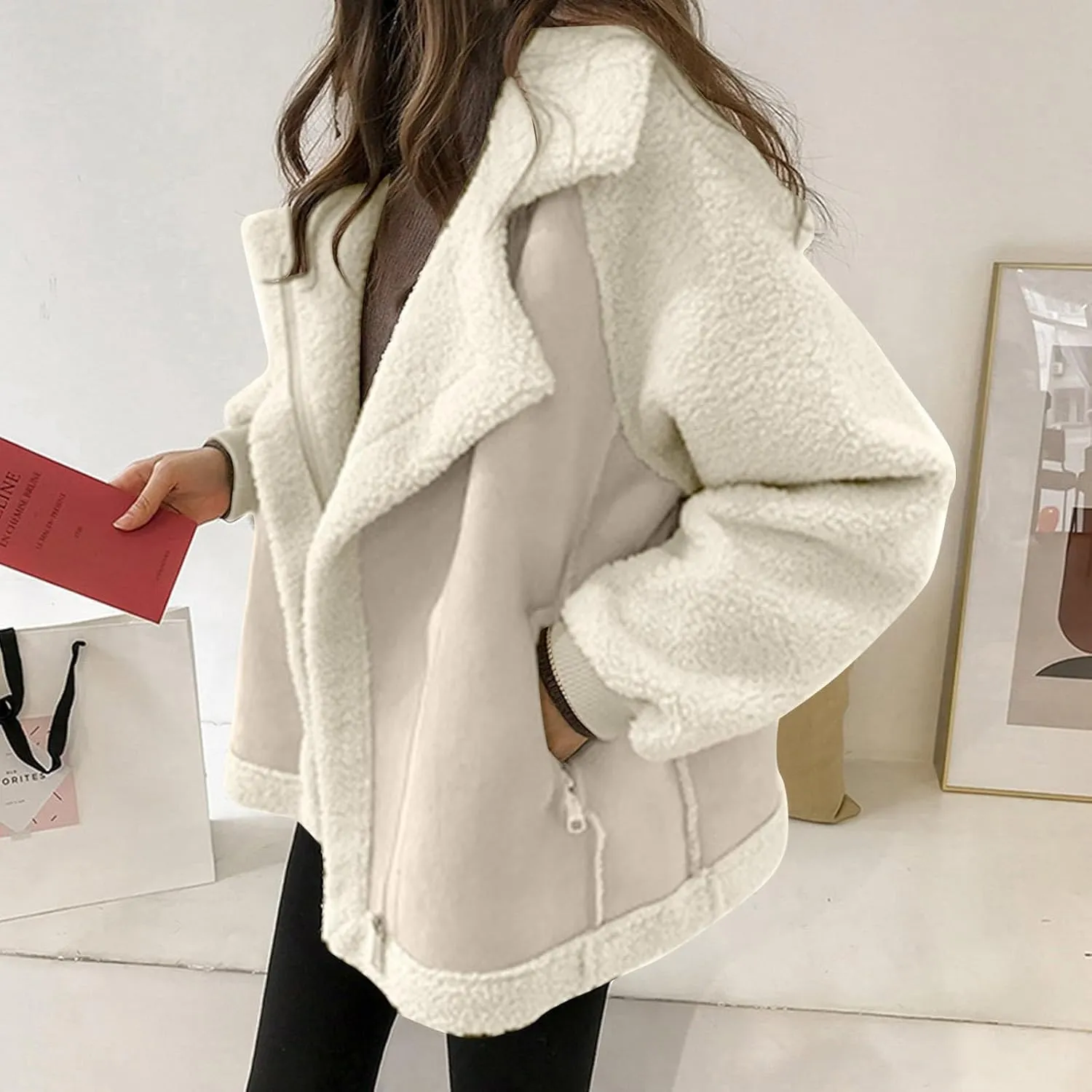 ChicCrate Womens Jacket Warm Fleece Teddy Fuzzy Wool Biker Fur Jackets Coats Loose Sherpa Outerwear Cardigan