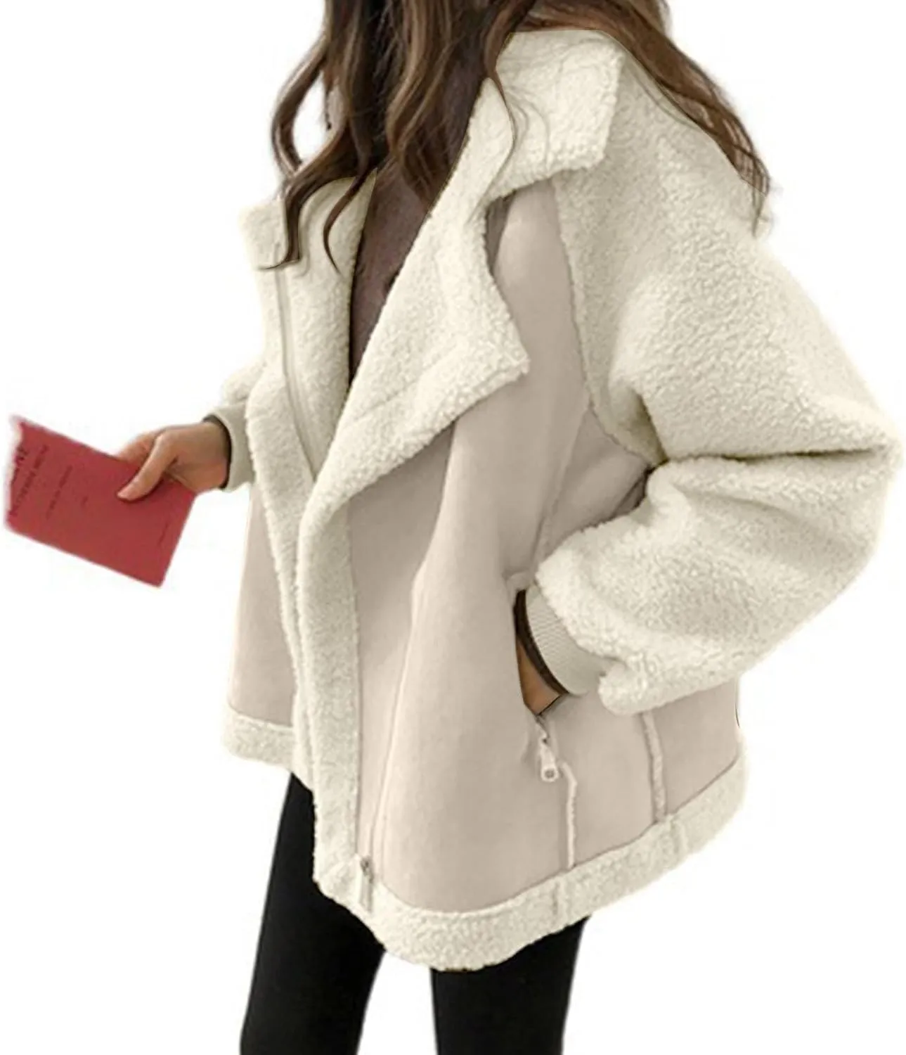 ChicCrate Womens Jacket Warm Fleece Teddy Fuzzy Wool Biker Fur Jackets Coats Loose Sherpa Outerwear Cardigan