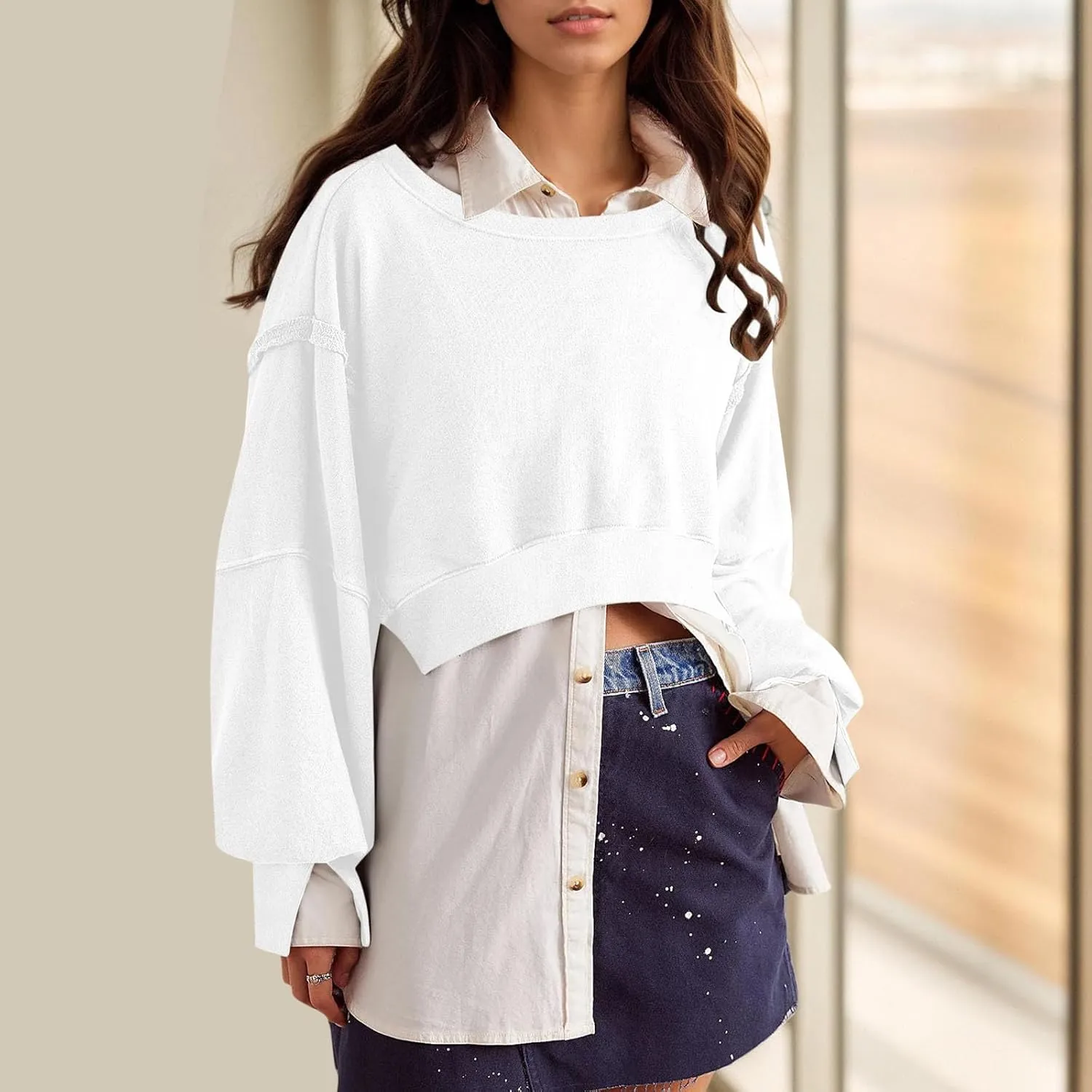Cropped Sweatshirt For Women Fashion 2024 Casual Long Sleeve Crewneck Oversized Pullover Sweatshirts Fall y2k Clothes