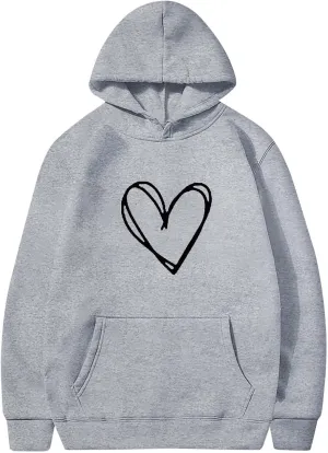 Cute Hoodies For Women Fall Fashion 2024 Heart Graphic Print Pullover Tops Casual Loose Fleece Hooded Sweatshirt