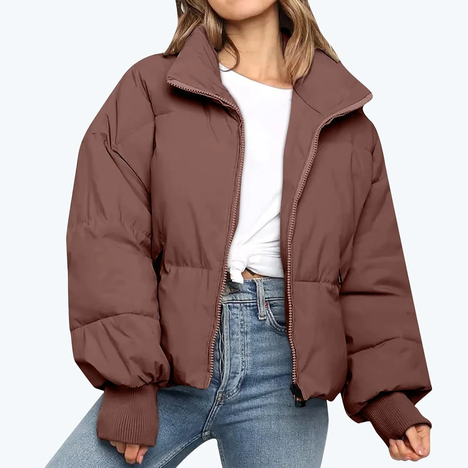DASAYO Women Puffy Stand Collar Zip Up Puffer Jacket Fashion Quilted Down Outdoor Coats Winter Warm Baggy Padding Jackets Top