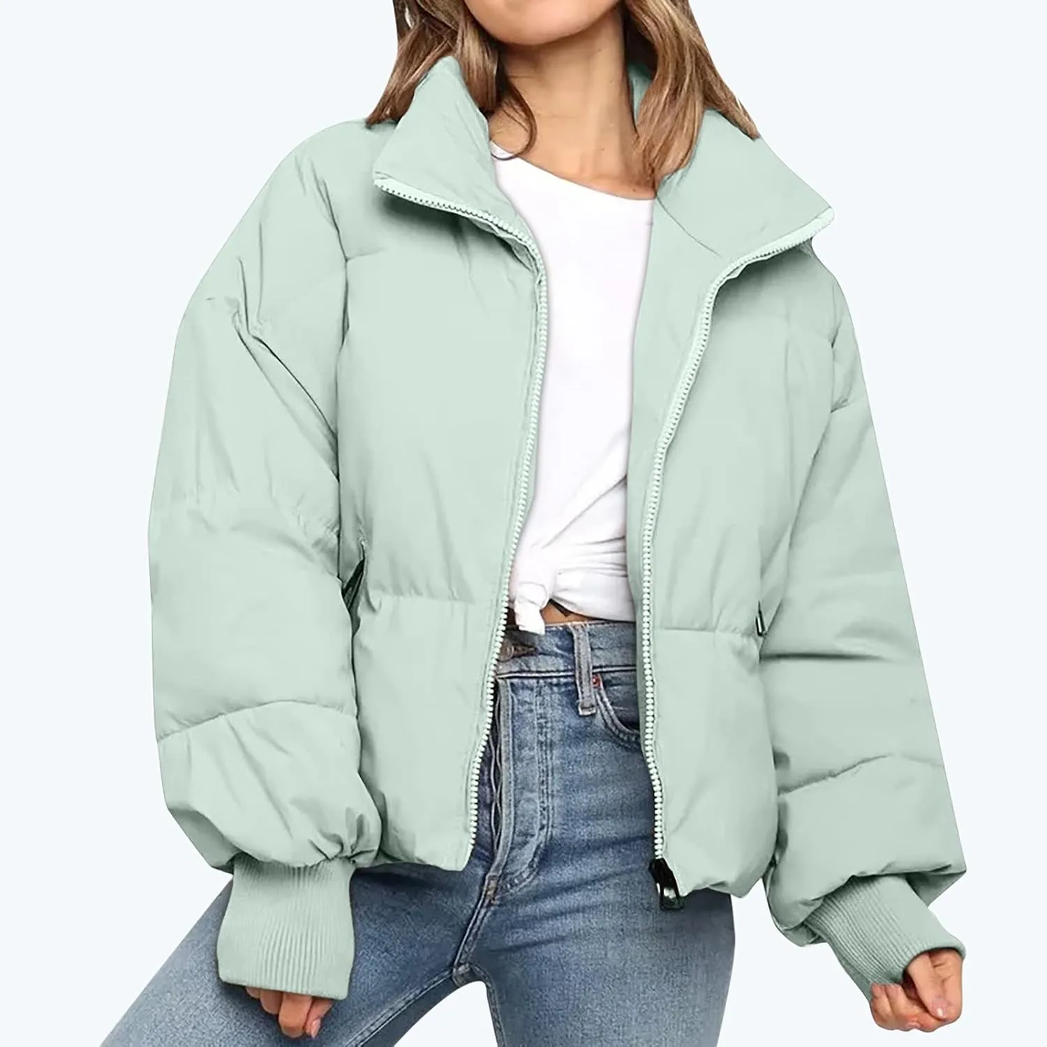 DASAYO Women Puffy Stand Collar Zip Up Puffer Jacket Fashion Quilted Down Outdoor Coats Winter Warm Baggy Padding Jackets Top