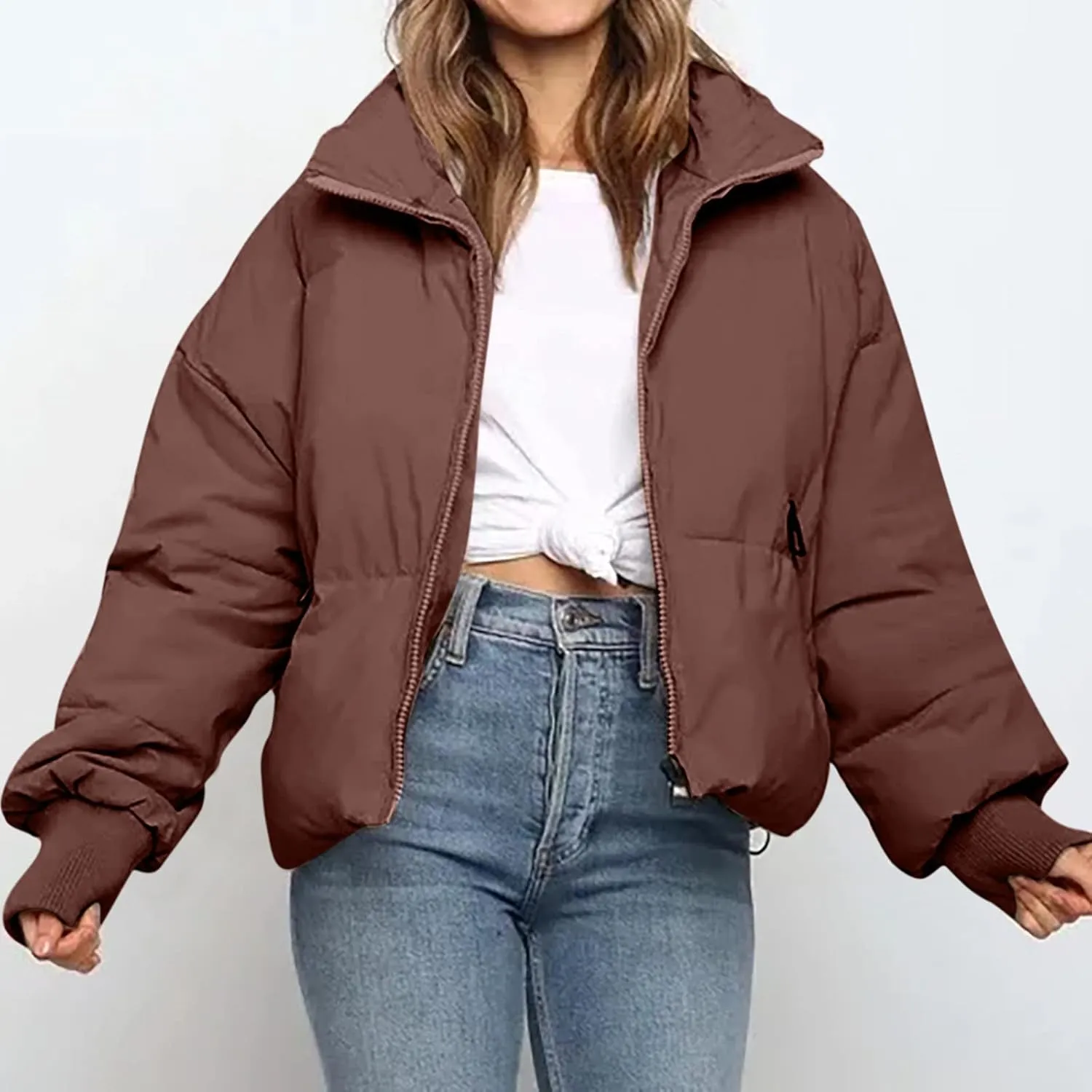 DASAYO Women Puffy Stand Collar Zip Up Puffer Jacket Fashion Quilted Down Outdoor Coats Winter Warm Baggy Padding Jackets Top