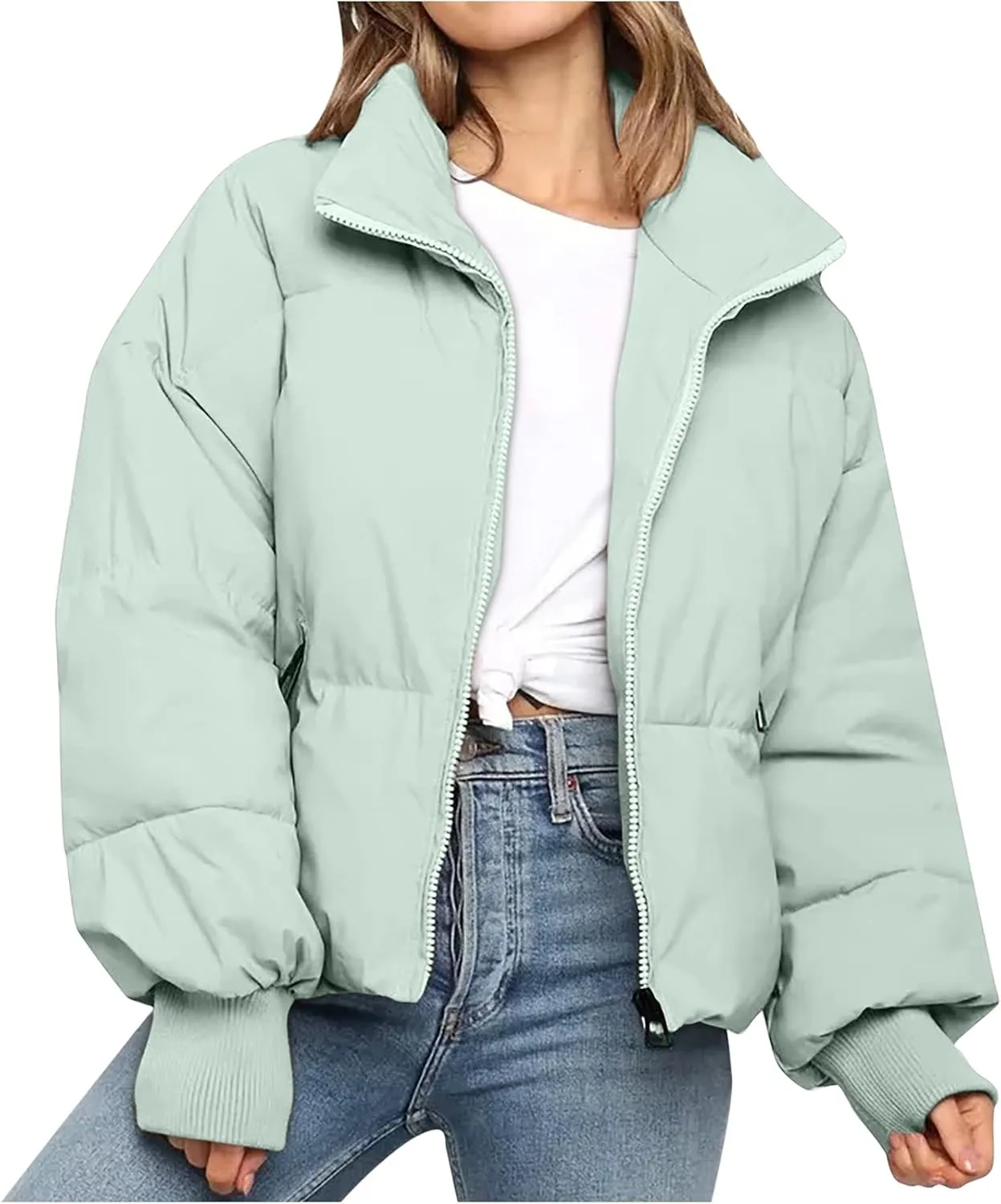 DASAYO Women Puffy Stand Collar Zip Up Puffer Jacket Fashion Quilted Down Outdoor Coats Winter Warm Baggy Padding Jackets Top