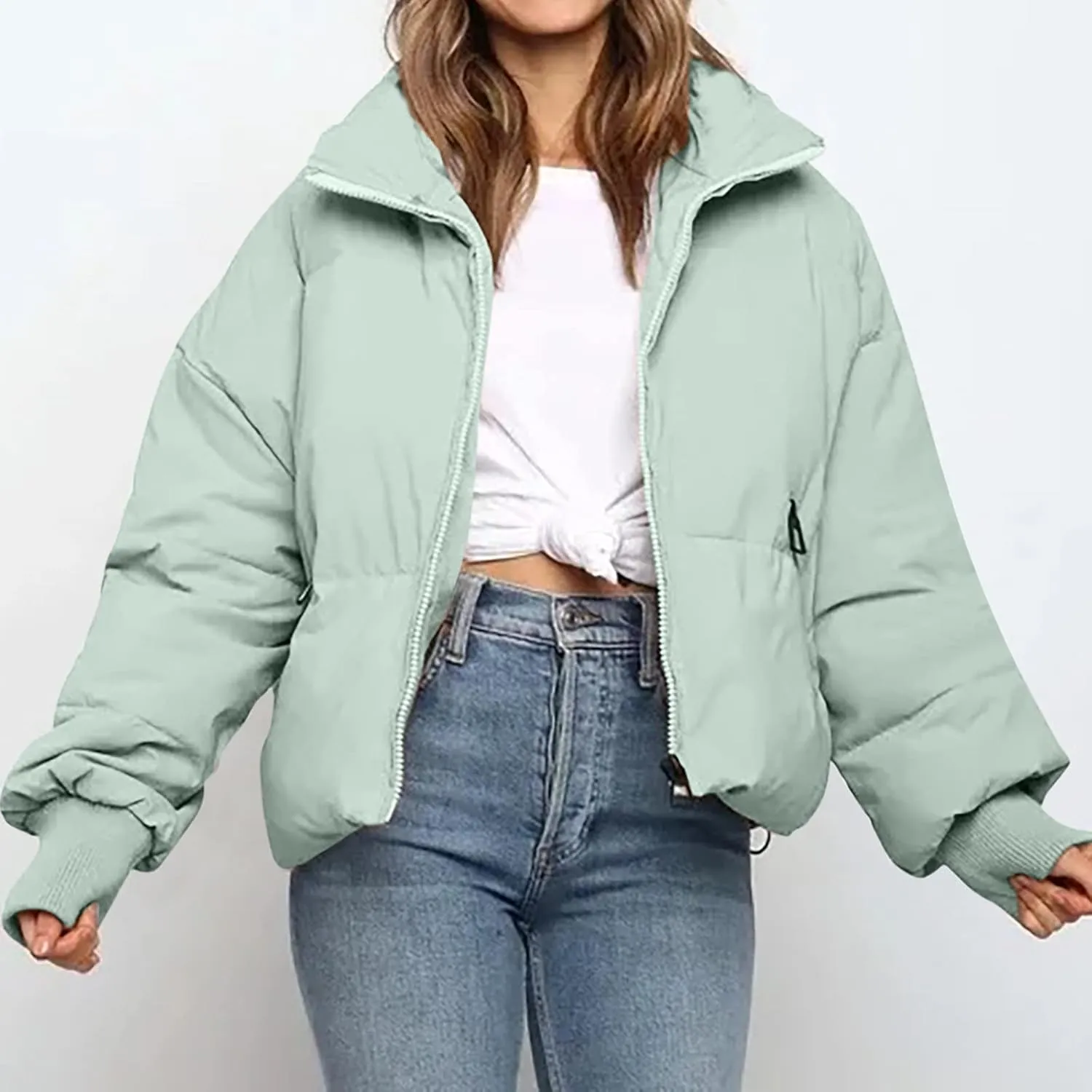 DASAYO Women Puffy Stand Collar Zip Up Puffer Jacket Fashion Quilted Down Outdoor Coats Winter Warm Baggy Padding Jackets Top