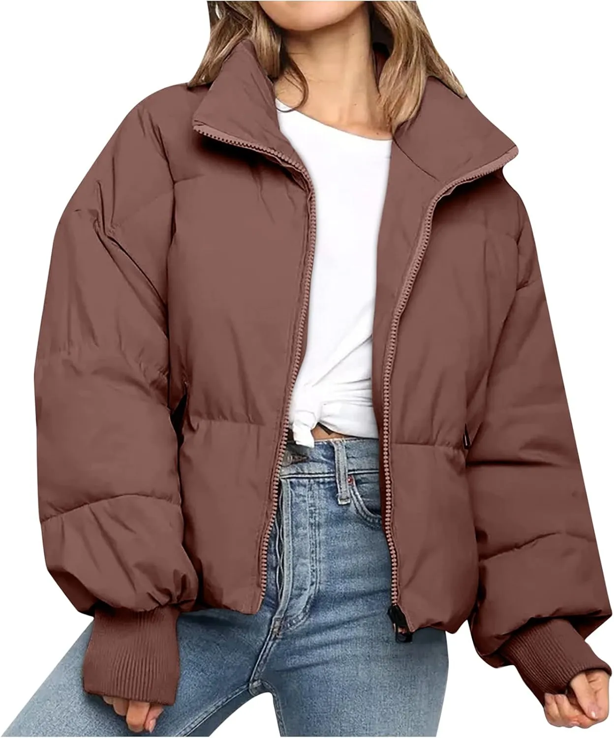 DASAYO Women Puffy Stand Collar Zip Up Puffer Jacket Fashion Quilted Down Outdoor Coats Winter Warm Baggy Padding Jackets Top