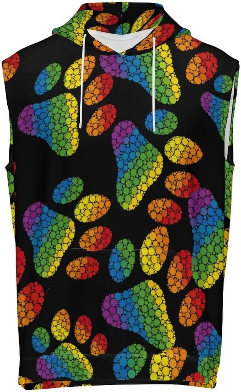 Dog Paw LGBT Rainbow Dot Footprint Men's Workout Tank Tops Sleeveless Running Shirts With Hoodie Workout Hooded