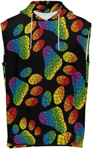 Dog Paw LGBT Rainbow Dot Footprint Men's Workout Tank Tops Sleeveless Running Shirts With Hoodie Workout Hooded