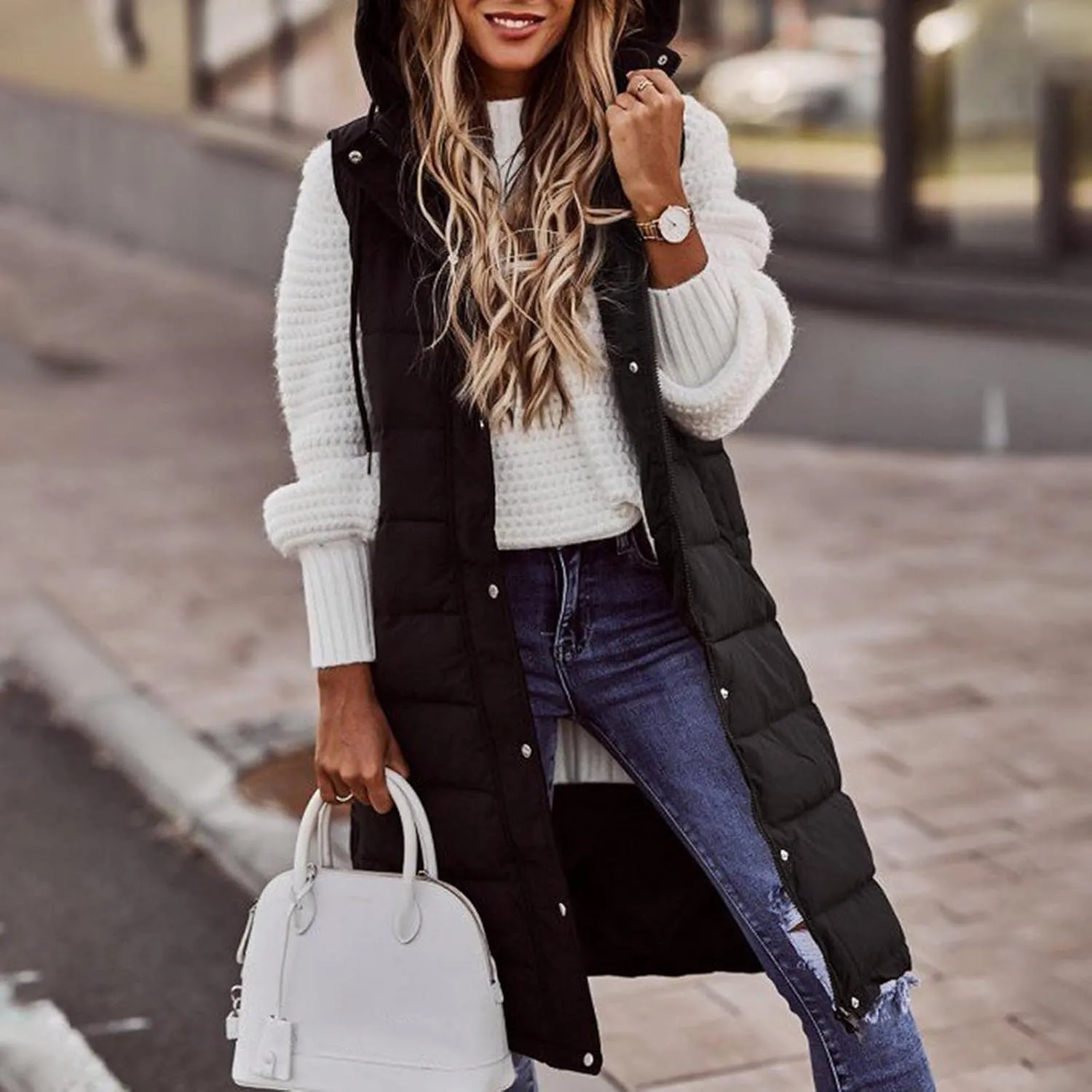 Eduavar Jackets for Women Trendy Winter Puffer Jacket Womens with Hood Warm Sleeveless Down Vest Full Zip Cardigan Coats
