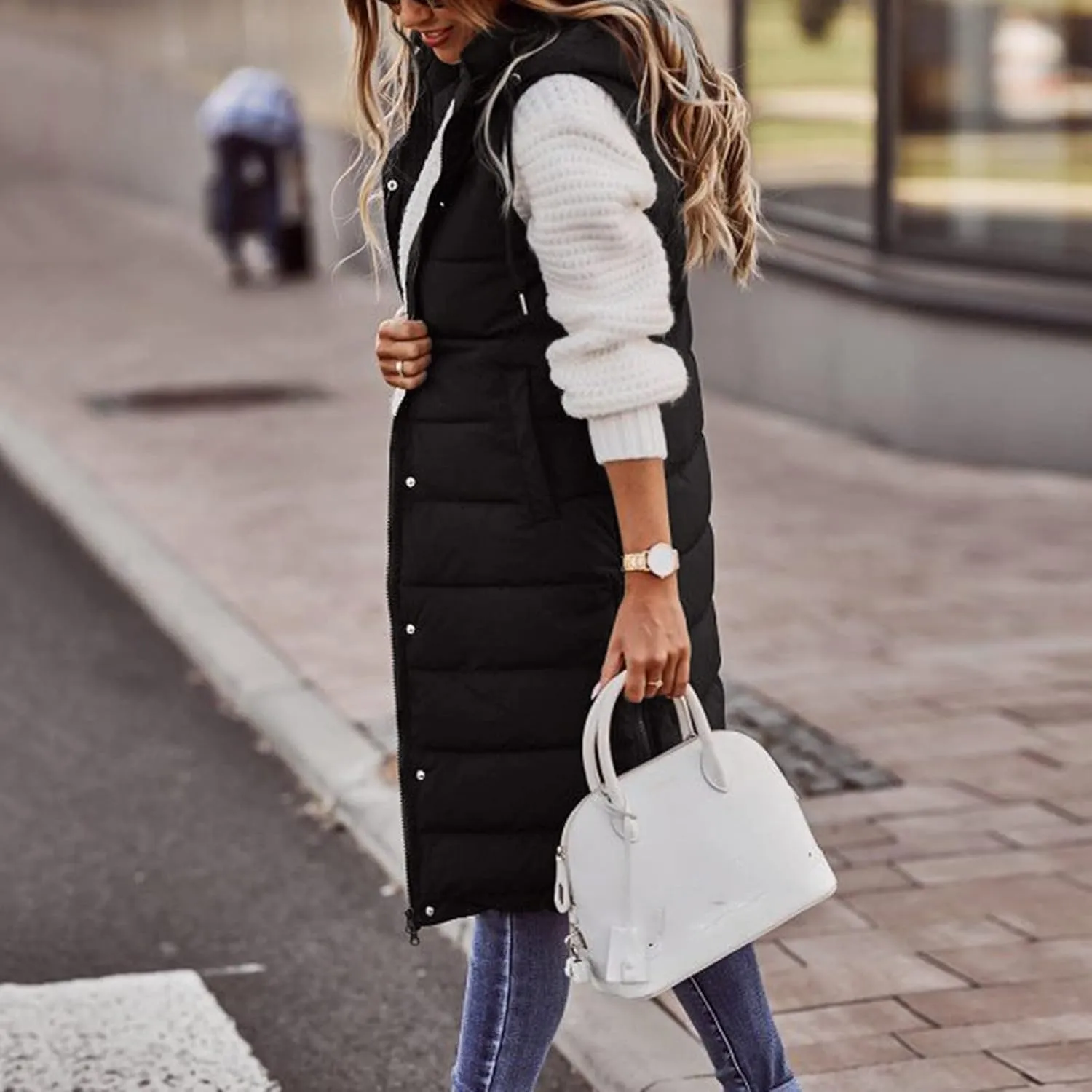 Eduavar Jackets for Women Trendy Winter Puffer Jacket Womens with Hood Warm Sleeveless Down Vest Full Zip Cardigan Coats
