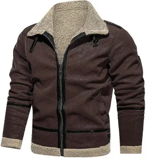 Faux Fur Suede Leather Jacket for Men Sherpa Fleece Lined Zip Up Lapel Coat Winter Warm Outwear with Pocket