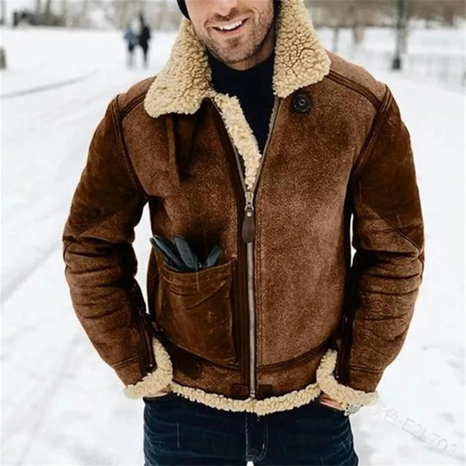 Faux Fur Suede Leather Jacket for Men Sherpa Fleece Lined Zip Up Lapel Thickened Coat Outwear with Pocket