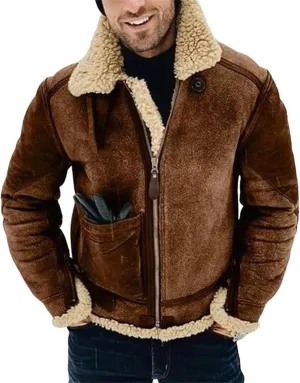 Faux Fur Suede Leather Jacket for Men Sherpa Fleece Lined Zip Up Lapel Thickened Coat Outwear with Pocket