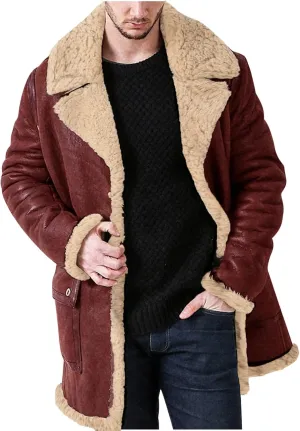 Faux Shearling Jacket Cardigan for Men's Winter Fur Lined Warm Notch Lapel Coat Vintage Sherpa Button Up Trench Coat