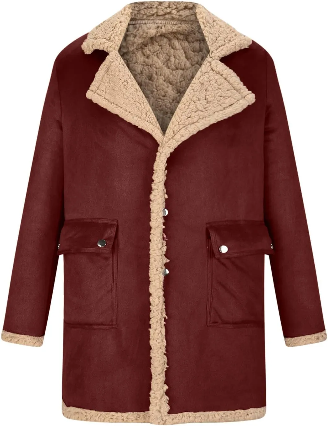 Faux Shearling Jacket Cardigan for Men's Winter Fur Lined Warm Notch Lapel Coat Vintage Sherpa Button Up Trench Coat