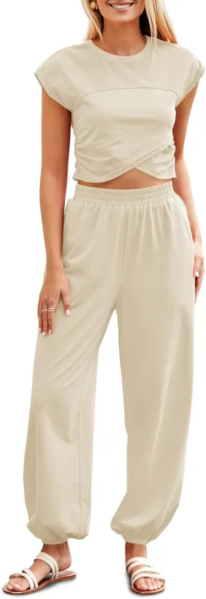 Fisoew Women's Two Piece Outfits Casual Lounge Sets Crop Tops and Joggers Tracksuit with Pockets