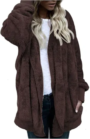 Fleece Jacket Women Fuzzy Sherpa Oversized Open Front Hooded Cardigan Fluffy Sweaters Winter Coats with Pockets