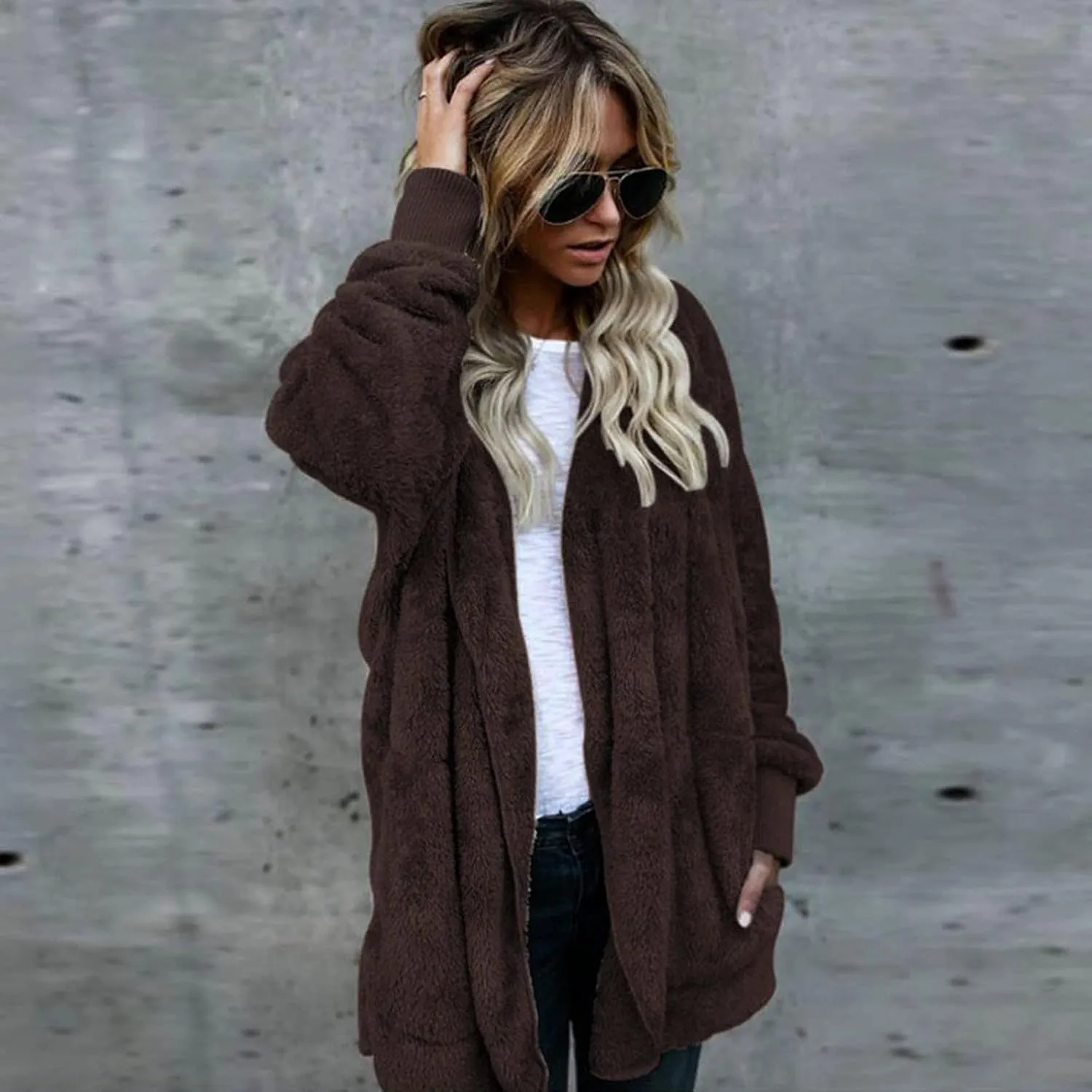 Fleece Jacket Women Fuzzy Sherpa Oversized Open Front Hooded Cardigan Fluffy Sweaters Winter Coats with Pockets