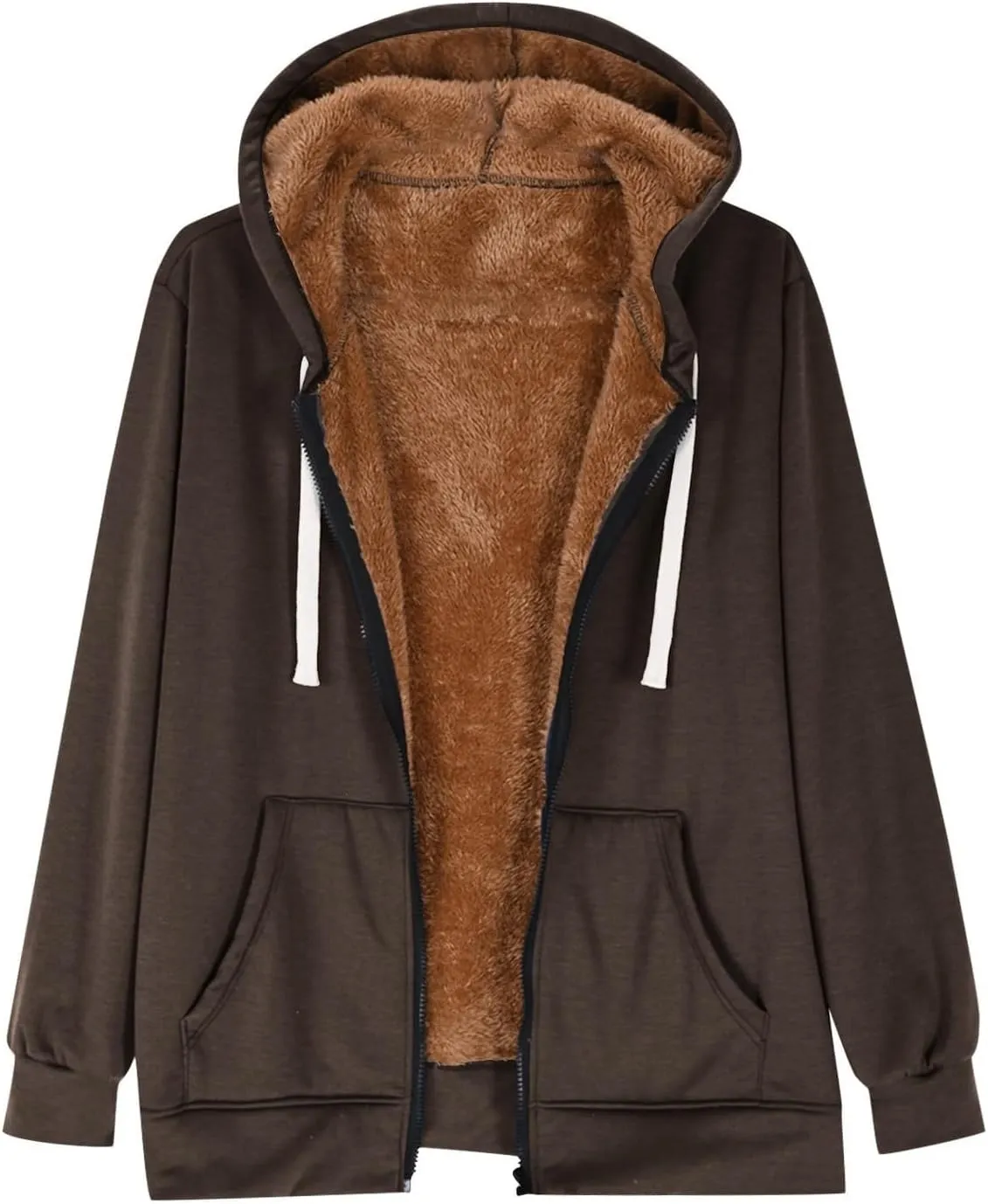 Fleece Lined Zip Up Hoodie Women Plus Size Hooded Sweatshirt Fuzzy Sherpa Lined Jacket Casual Drawstring Winter Coats
