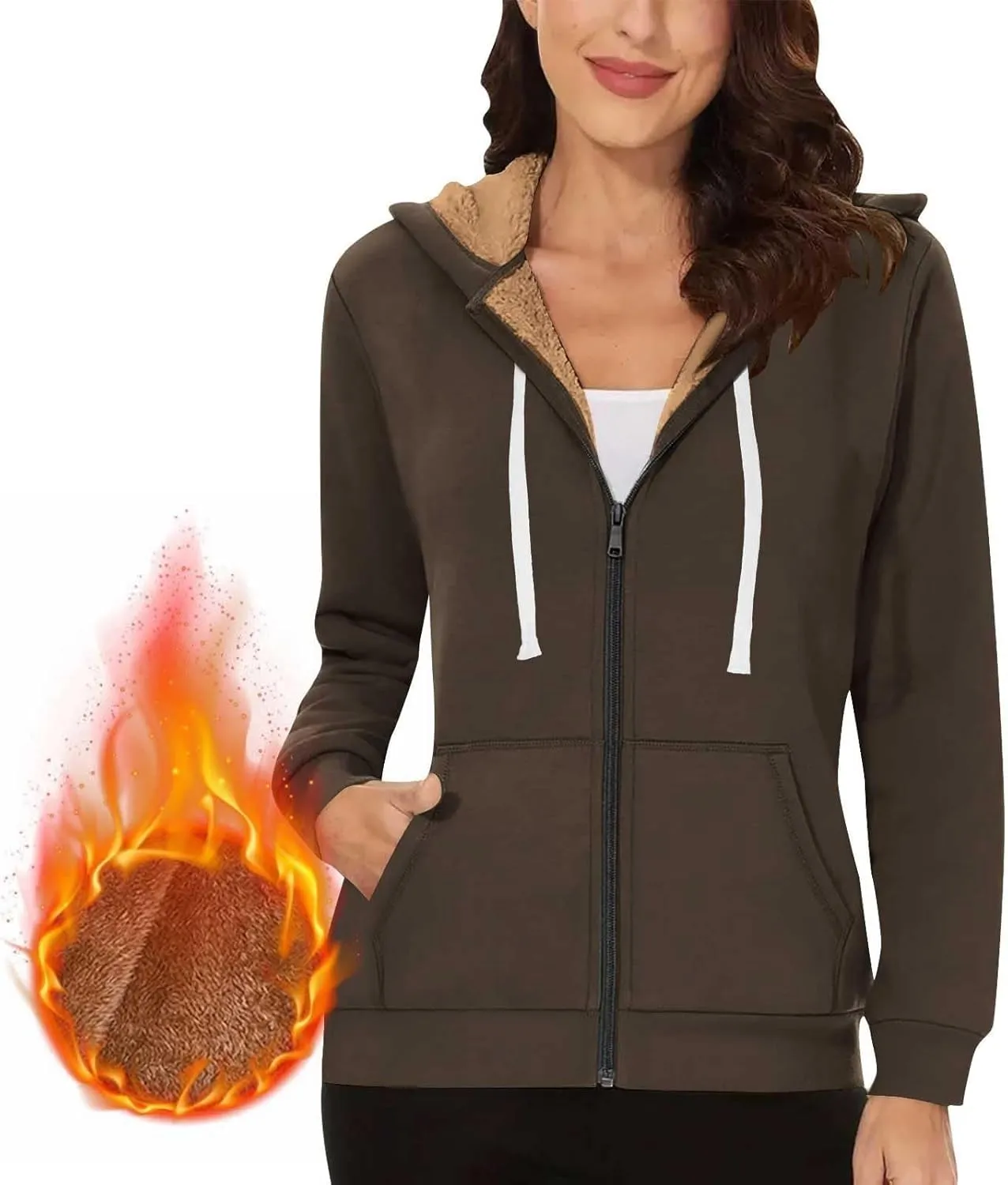 Fleece Lined Zip Up Hoodie Women Plus Size Hooded Sweatshirt Fuzzy Sherpa Lined Jacket Casual Drawstring Winter Coats