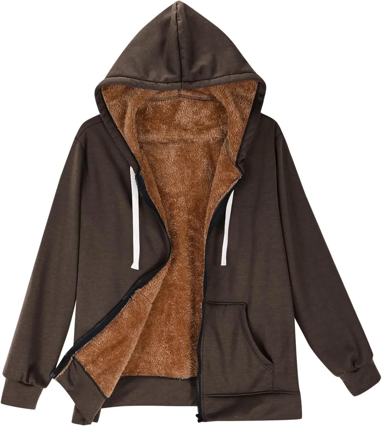 Fleece Lined Zip Up Hoodie Women Plus Size Hooded Sweatshirt Fuzzy Sherpa Lined Jacket Casual Drawstring Winter Coats