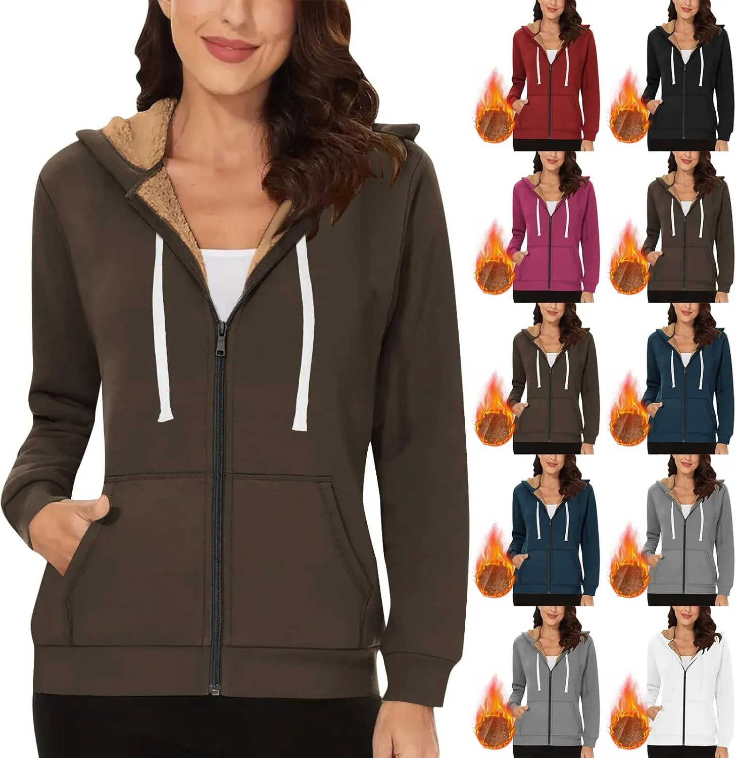 Fleece Lined Zip Up Hoodie Women Plus Size Hooded Sweatshirt Fuzzy Sherpa Lined Jacket Casual Drawstring Winter Coats