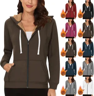 Fleece Lined Zip Up Hoodie Women Plus Size Hooded Sweatshirt Fuzzy Sherpa Lined Jacket Casual Drawstring Winter Coats