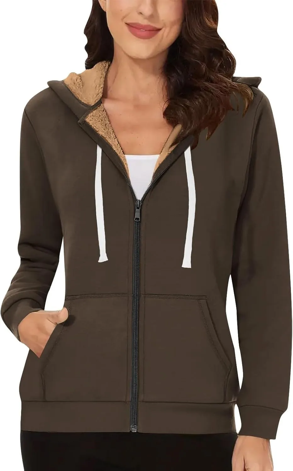 Fleece Lined Zip Up Hoodie Women Plus Size Hooded Sweatshirt Fuzzy Sherpa Lined Jacket Casual Drawstring Winter Coats