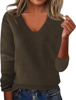 Fleece Pullover Women V Neck Solid Color Soft Lightweight Classic Sweater Trendy Casual Wool Sweater Top