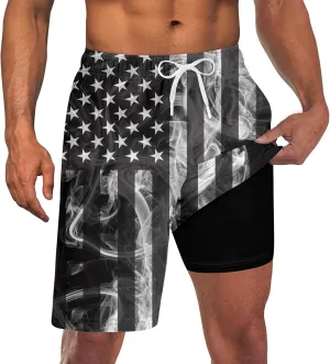 Goodstoworld Men's Funny Swim Trunks with Compression Liner 2 in 1 Quick-Dry 9" Stretch Shorts with Three Pockets