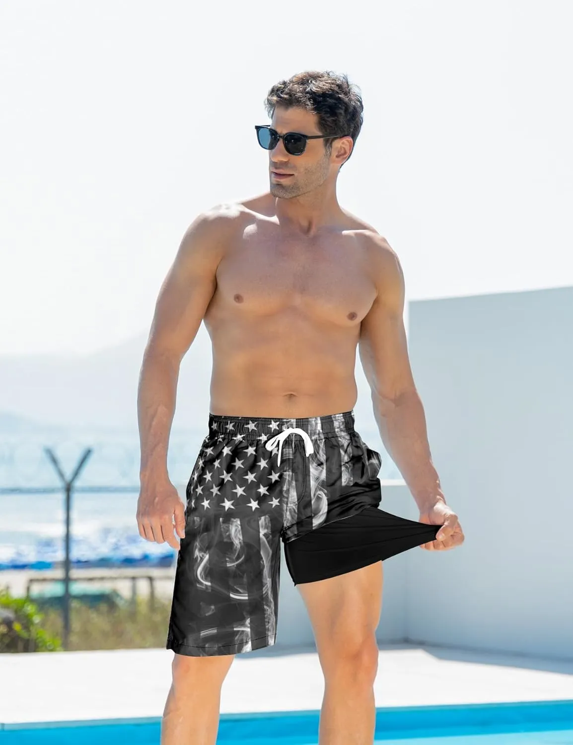Goodstoworld Men's Funny Swim Trunks with Compression Liner 2 in 1 Quick-Dry 9" Stretch Shorts with Three Pockets